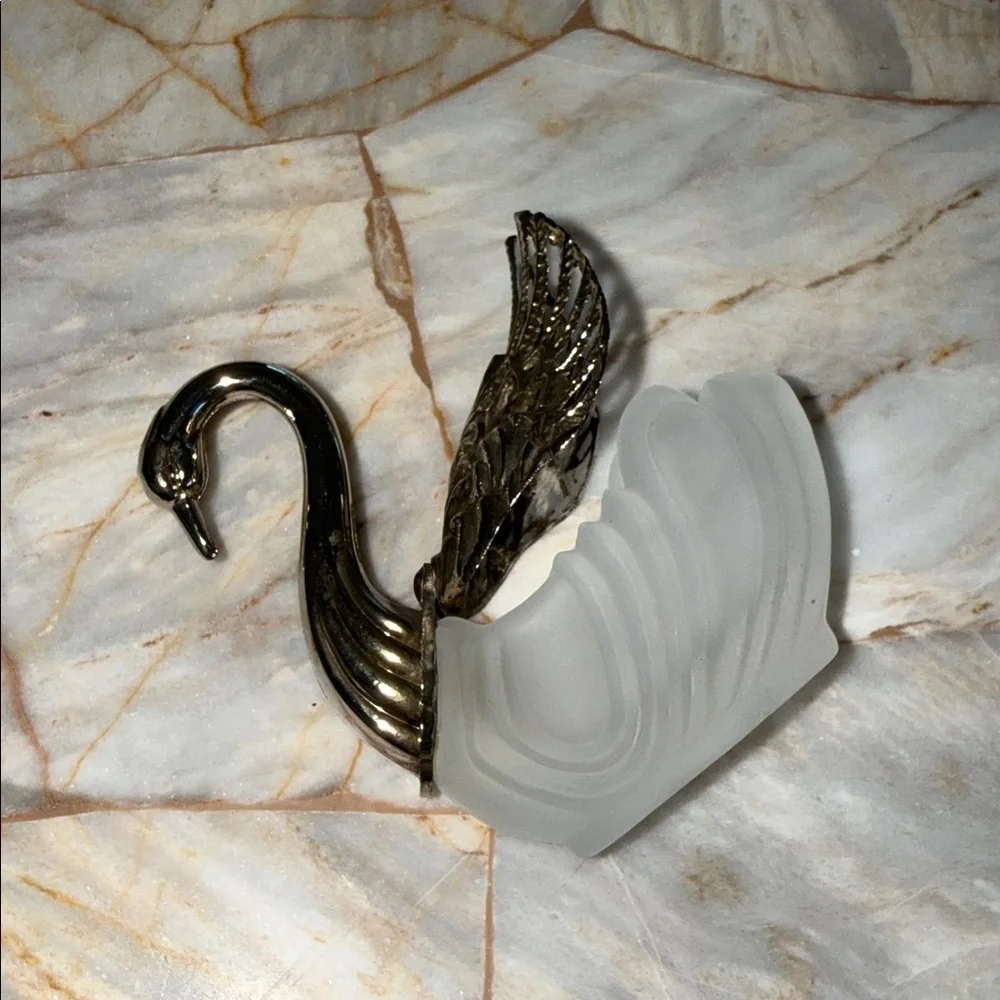 Vintage Frosted Glass Silver Tone Swan Figurine Articulated Filigree Wings
